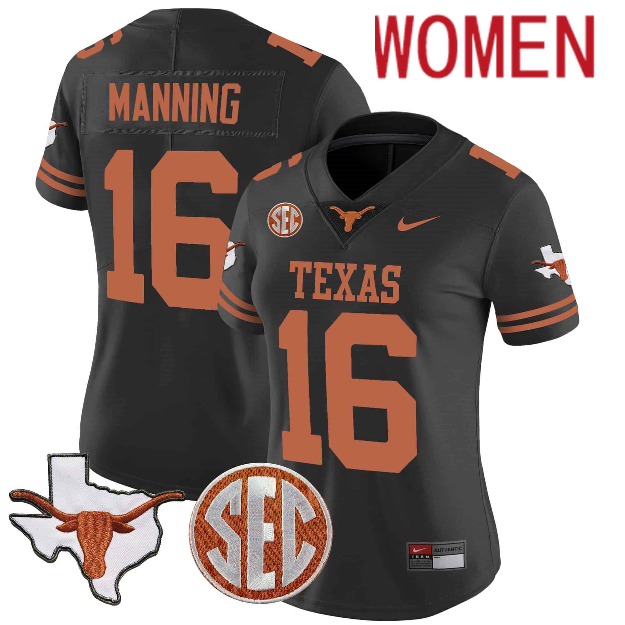 Women Texas Longhorns #16 Manning Black 2024 Nike State Map & SEC Patch Vapor NCAA Jersey style 1